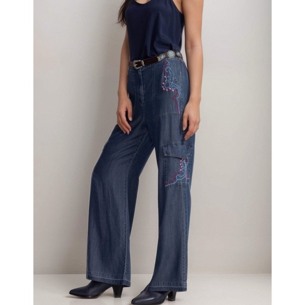 NWT $248 Johnny Was Dita XL Embroidered Cargo Pants Lyocell Denim Blue